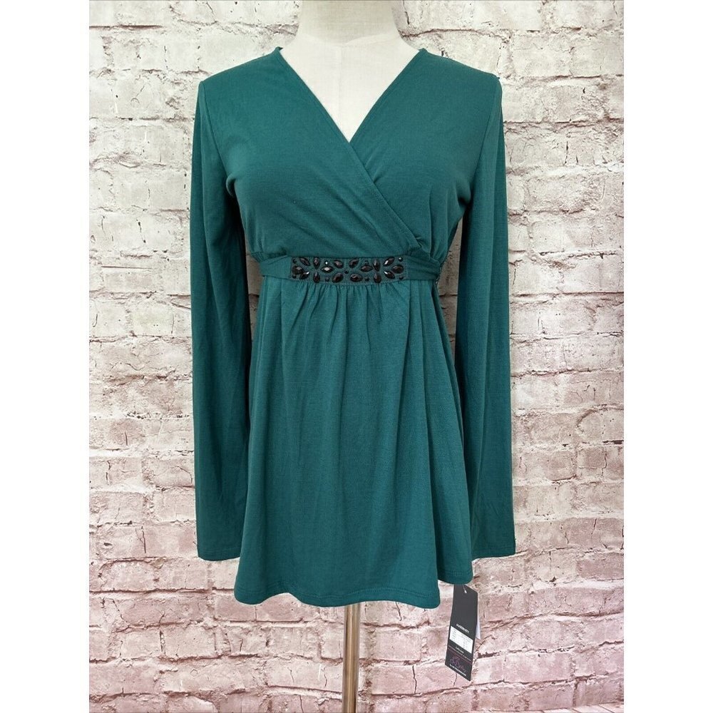 Oh Baby Motherhood Teal Embellished Top Long Sleeve Size S  V-Neck Surplice NEW